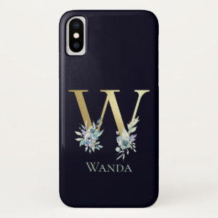 Luxury Gold Monogram Letter W Floral Blue Name Case-Mate iPhone Case