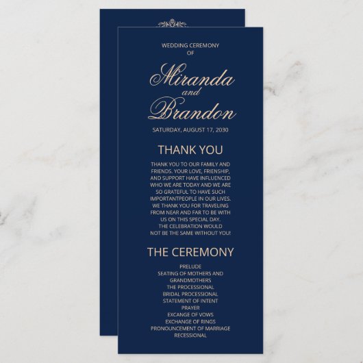 Luxury Gold Monogram Navy Blue Wedding Programme (Voorkant / Achterkant)