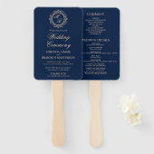 Luxury Gold Monogram Navy Blue Wedding Programme Handwaaier (Voorkant en achterkant)