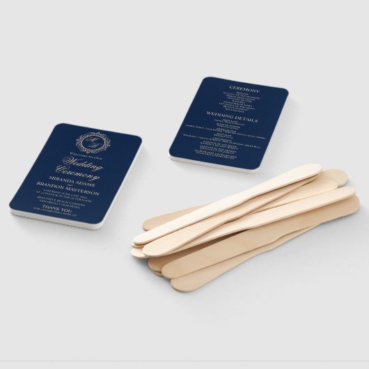 Luxury Gold Monogram Navy Blue Wedding Programme Handwaaier (Niet-gemonteerd)