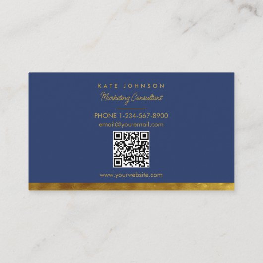 Luxury Gold Navy Blue Professional QR-code Visitekaartje (Achterkant)