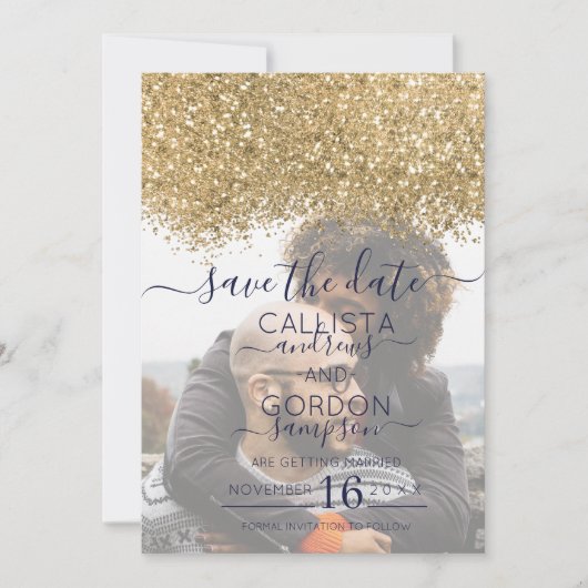 Luxury Gold Navy Glitter Confetti Photo Wedding Save The Date (Voorkant)