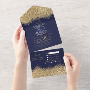 Luxury Gold Navy Glitter Confetti Weddenschap All In One Uitnodiging