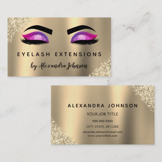 Luxury Gold Paarse Glitter Eyelash Extensions Visitekaartje (Voorkant / Achterkant)