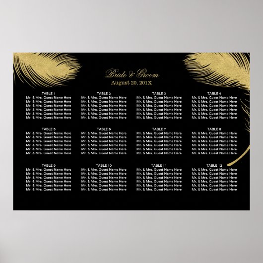 Luxury Gold Peacock Feather Wedding Seding Chart Poster (Voorkant)