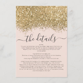 Luxury Gold Pink Glitter Confetti Wedding Details Informatiekaartje