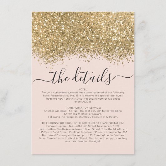 Luxury Gold Pink Glitter Confetti Wedding Details Informatiekaartje (Voorkant)
