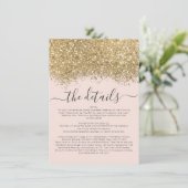 Luxury Gold Pink Glitter Confetti Wedding Details Informatiekaartje (Staand voorkant)
