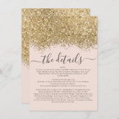 Luxury Gold Pink Glitter Confetti Wedding Details Informatiekaartje (Voorkant / Achterkant)