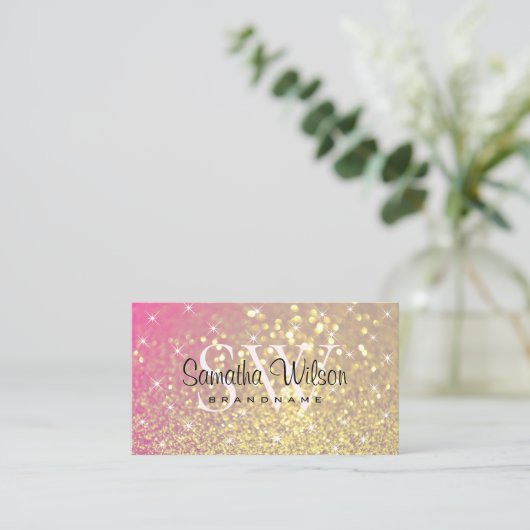 Luxury Gold Pink Paars Glitter Stars en Initialen Visitekaartje (Staand voorkant)