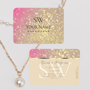 Luxury Gold Pink Paarse Glitter Stars en Monogram Visitekaartje