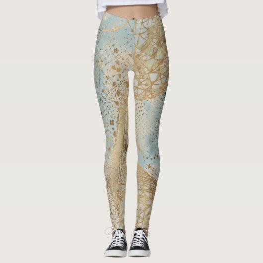 Luxury, Gold Pixels Lines Pattern Soft Blue Leggings (Voorkant)