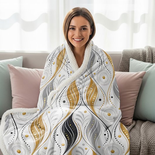 Luxury Gold Silver Black Art Deco Abstract Pattern Sherpa Deken