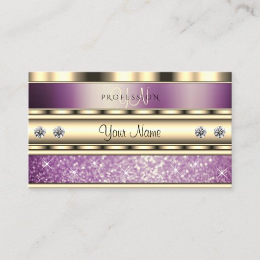 Luxury Gold Sparking Paars Glitter met Monogram Visitekaartje (Voorkant)