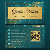 Luxury Gold Teal Opal Glitter QR Code Visitekaartje