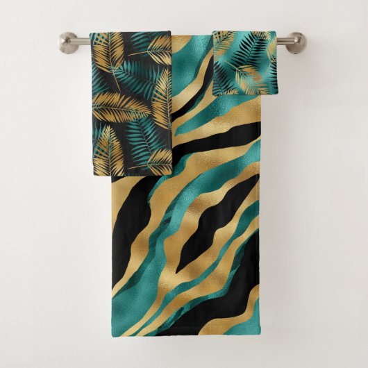 Luxury Gold Teal Tiger Stripe & Tropical Leaves Bad Handdoek (Insitu)