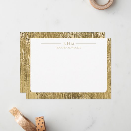 Luxury Gold Texture Lined Name Three Monogram Notitiekaartje (Voorkant / Achterkant in situ)