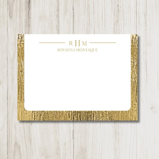 Luxury Gold Texture Lined Name Three Monogram Notitiekaartje