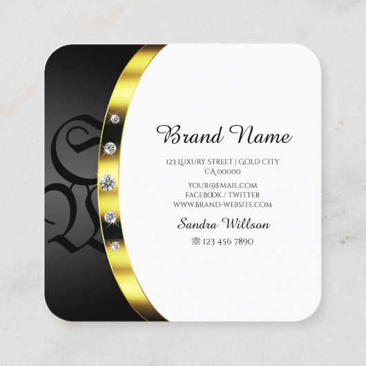 Luxury Gold White en Black Monogram met diamanten Vierkante Visitekaartje (Achterkant)