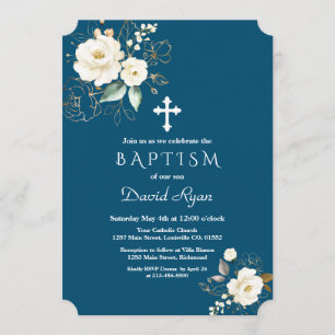 Luxury Gold White Flowers Cross Boy Baptisme Kaart