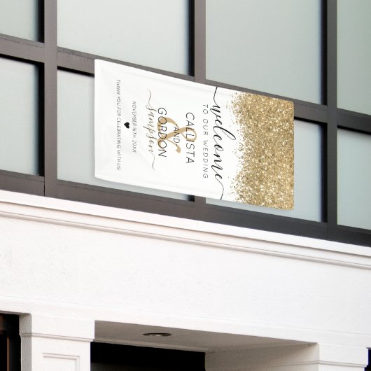 Luxury Gold White Glitter Confetti Weddenschap Wel Spandoek (Buitenkant Gebouw)