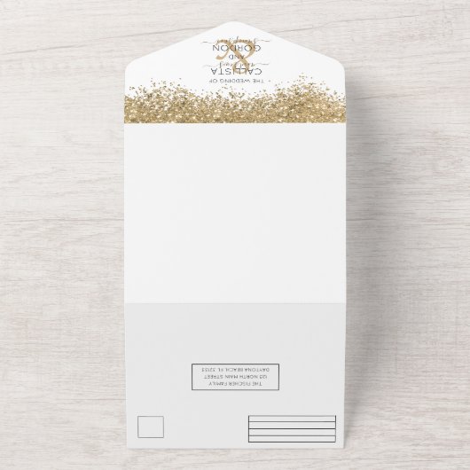 Luxury Gold White Glitter Confetti Wedding All In One Uitnodiging (Buitenkant)