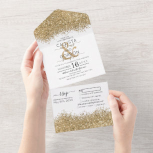 Luxury Gold White Glitter Confetti Wedding All In One Uitnodiging
