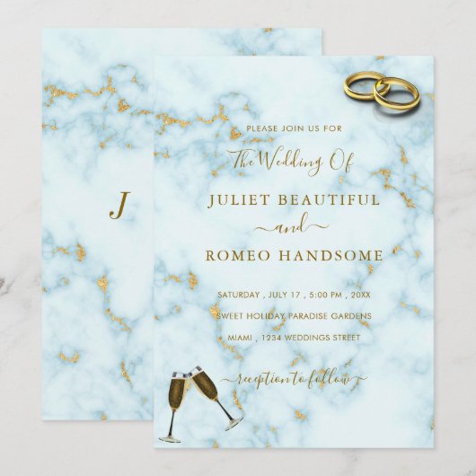 Luxury Gold White Marble Rings Wedding Uitnodiging (Voorkant / Achterkant)