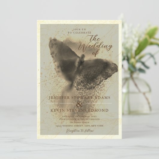 Luxury Golden Butterfly Photo Overlay Wedding Kaart (Staand voorkant)