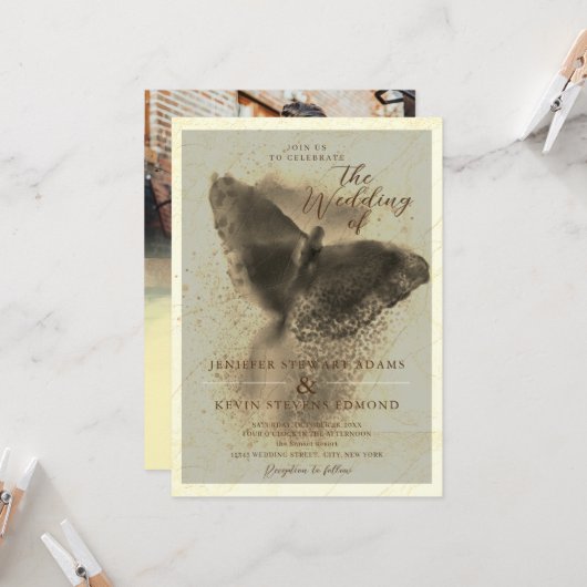 Luxury Golden Butterfly Photo Overlay Wedding Kaart (Voorkant / Achterkant in situ)