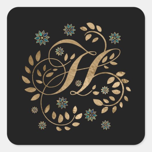 Luxury Golden Calligraphy Monogram met letter H Vierkante Sticker (Voorkant)