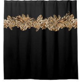 Luxury Golden Flowers Elegant Chic Classy Black Douchegordijn