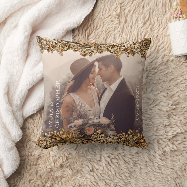 Luxury Golden Flowers Elegant Chic Classy Black Kussen (Deken)