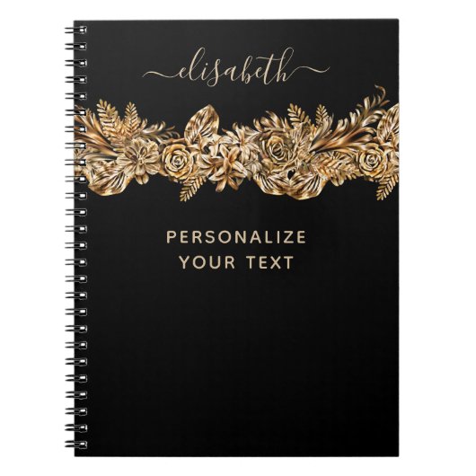 Luxury Golden Flowers Elegant Chic Classy Black Notitieboek (Voorkant)