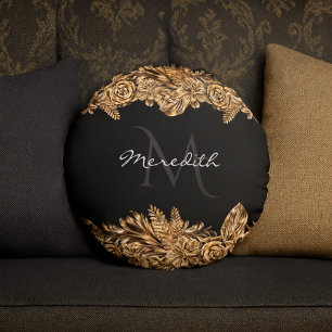 Luxury Golden Flowers Elegant Chic Classy Black Rond Kussen