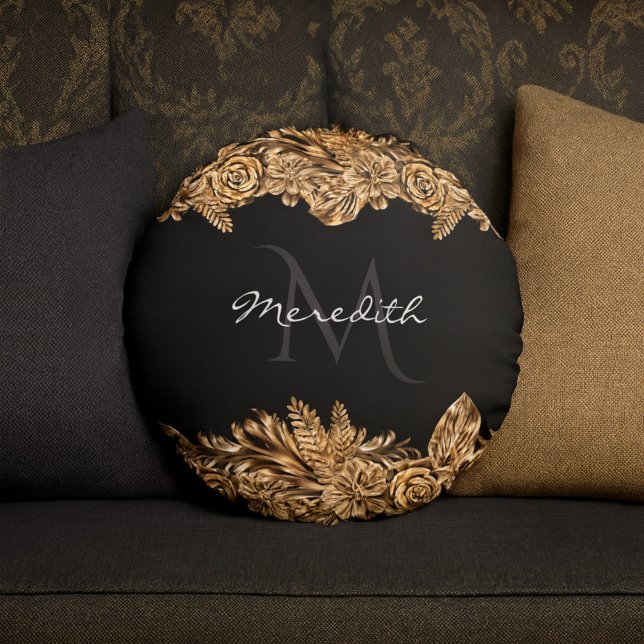 Luxury Golden Flowers Elegant Chic Classy Black Rond Kussen (Creator heeft geüpload)