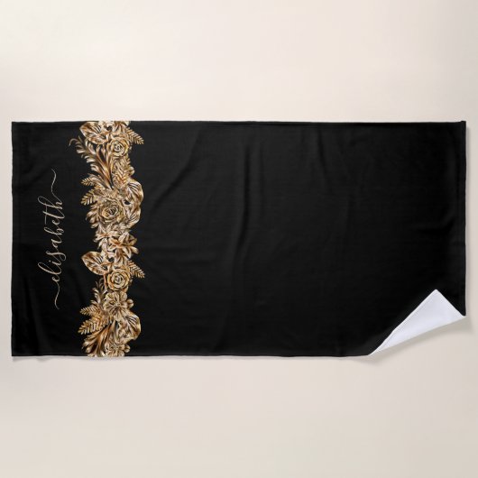 Luxury Golden Flowers Elegant Chic Classy Black Strandlaken (Voorkant)