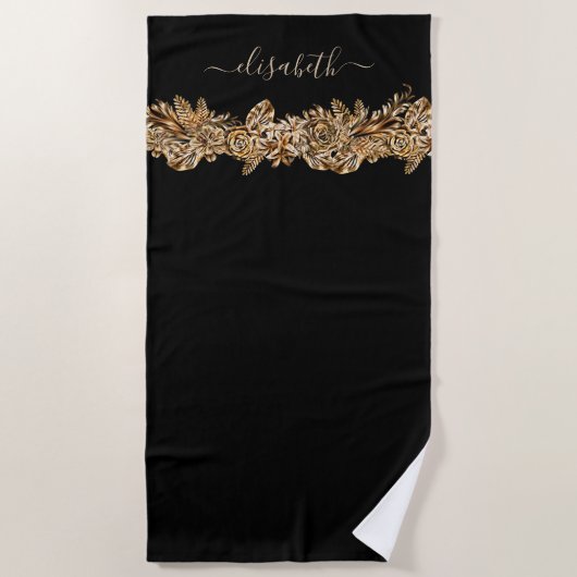 Luxury Golden Flowers Elegant Chic Classy Black Strandlaken (Voorkant)