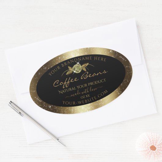 Luxury Golden Glitter Floral Black Product Labels (Envelop)