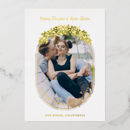 Luxury Golden Ivi laat ovaal Lijst foto Folie Uitnodiging (Voorkant)