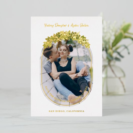 Luxury Golden Ivi laat ovaal Lijst foto Folie Uitnodiging (Staand Voorkant)