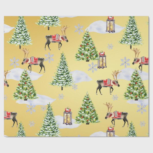 Luxury Golden Reindeer Christmas Tree Whimsical  Cadeaupapier (Vlak)