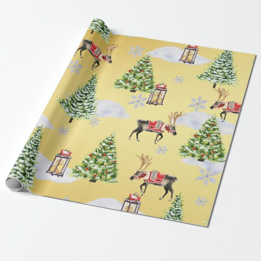 Luxury Golden Reindeer Christmas Tree Whimsical  Cadeaupapier (Uitgerold)