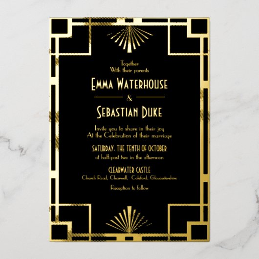 Luxury Great Gatsby Art Deco Wedding Folie Uitnodiging (Voorkant)