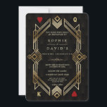 Luxury Great Gatsby Casino Las Vegas Poker Wedding Kaart<br><div class="desc">Uniek casino Royale en Great Gatsby voor het kaartontwerp. Het is voorzien van een kunstdecostijl, een Roaring 1920's oude Hollywood faux gouden lijst, rode harten, Q en K op twee hoeken (het simuleren van speelkaarten), op een gouden zwarte Art Deco patroonachtergrond. Er wordt een speciale formulering gebruikt zoals in pokerspel....</div>