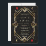 Luxury Great Gatsby Casino Las Vegas Poker Wedding Kaart<br><div class="desc">Uniek casino Royale en Great Gatsby voor het kaartontwerp. Het is voorzien van een kunstdecostijl, een Roaring 1920's oude Hollywood faux gouden lijst, rode harten, Q en K op twee hoeken (het simuleren van speelkaarten), op een gouden zwarte Art Deco patroonachtergrond. Er wordt een speciale formulering gebruikt zoals in pokerspel....</div>