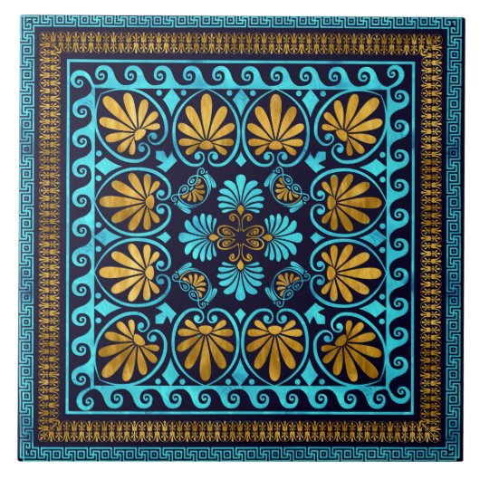 Luxury Greek Ornament Blue glass en Gold Tegeltje (Voorkant)