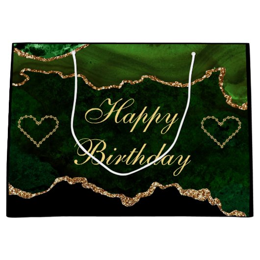 Luxury Green & Gold Glitter Agate Happy Birthday Groot Cadeauzakje (Voorkant)