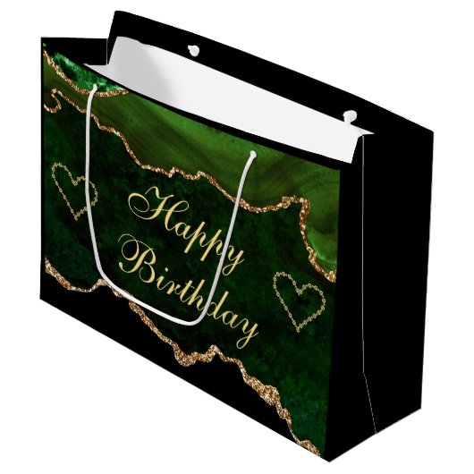 Luxury Green & Gold Glitter Agate Happy Birthday Groot Cadeauzakje (Voorkant Gekanteld)