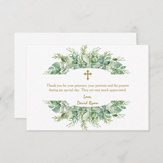 Luxury Greenery Gold Cross Baptisme Bedankkaart (Voorkant / Achterkant)